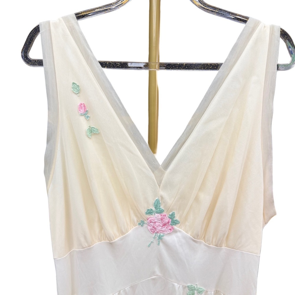 Vintage 60s Cream Floral Babydoll Maxi Nightgown Lingerie Romantic Ethereal - Picture 13 of 16